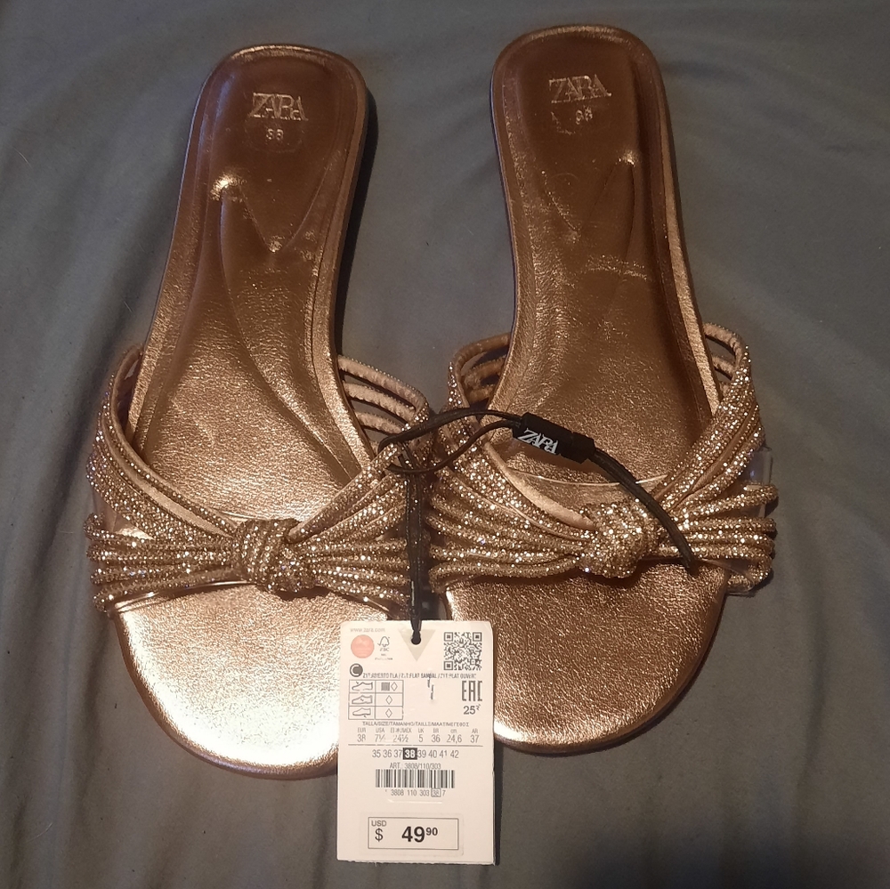 Zara Women's Summer Gold Rhinestones Flat Sandals, Casual Beach Flip-Flops,